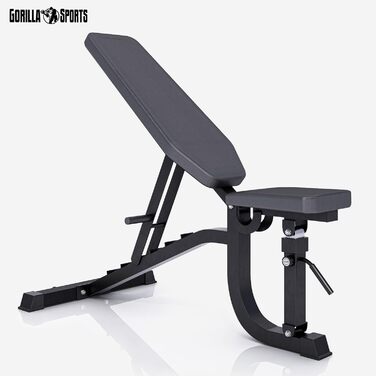 GORILLA SPORTS® універсальна лавка для жиму, сталева, чорна, 7-рівнева спинка, 5-рівневе сидіння, 140x72,5x54-138 см, багатофункціональна фітнес лава для тренувань, шраґ, плоска, негативна