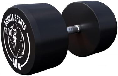 Гантель GORILLA SPORTS 40 кг, кругла, гумова, гантель для фітнесу з чавунним осердям, нековзка рукоятка, чорна