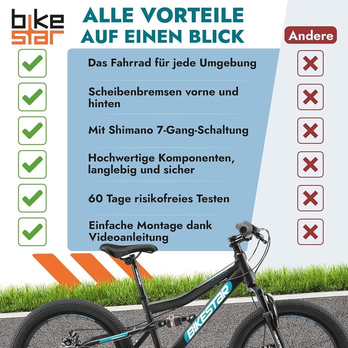 Дитячий гірський велосипед BIKESTAR 20 дюймів, 7 швидкостей Shimano, дискові гальма, для дітей від 6 років, чорний/зелений