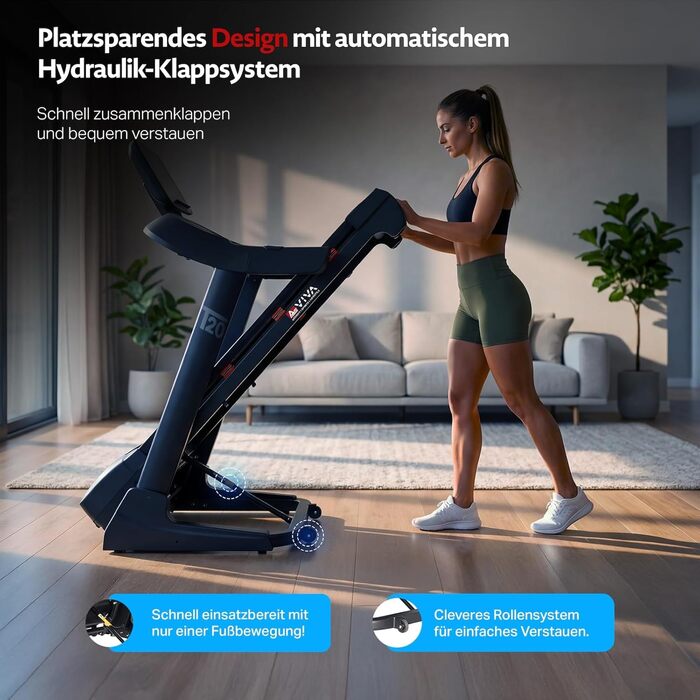 Бігова доріжка AsVIVA T20 Pro для дому: складана, швидкість до 18 км/год, нахил 20%, амортизація, макс. вага 150 кг, тренажер для кардіо та витривалості