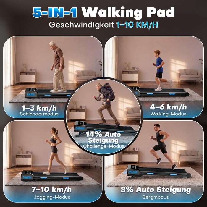 Бігова доріжка Walking Pad з автоматичним нахилом 14%, потужний безщітковий двигун 3.5 HP, швидкість до 10 км/год, LED-дисплей, 12 HIIT-програм, до 180 кг, чорно-блакитна