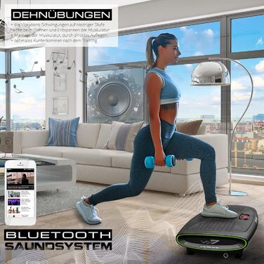 Вібраційна платформа XPLON 4D VX7 з 3 моторами, Bluetooth, LED, для тренувань, 120 рівнів, до 150 кг, з еспандерами, пультом, чорна