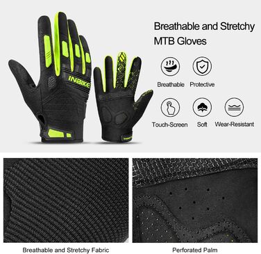 Велосипедні рукавички INBIKE MTB з повним пальцем, зелені, XL - для катання на гірському велосипеді, шосе та мотокросу. Зручні, дихаючі, з захистом пальців TPR та EVA.