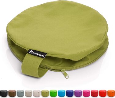 Йога-подушка BODYMATE кругла, 31 см в діаметрі, 13 см висотою, з наповнювачем з лушпини гречаного зерна, знімний чохол з 100% бавовни, для медитації та сидіння (оливковий)