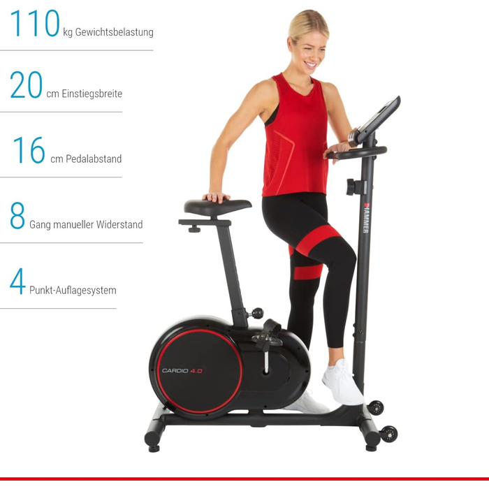 Велотренажер HAMMER Cardio 4.0 з низьким опором, безшумний, з регулюванням комп’ютера, широким і низьким входом, тримачем для планшета