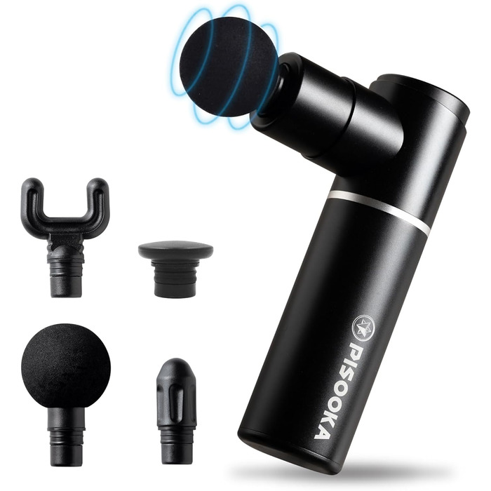 Масажер для м'язів PISOOKA X Mini - портативний, тихий, 66W, 9mm амплітуда, USB-C, 4 режими, 4 насадки для спини, шиї, плечей, ніг, офісу та спорту (Чорний)
