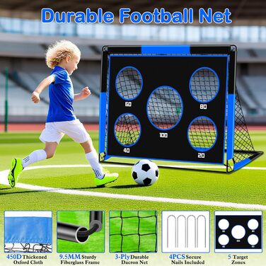 Дитячі ворота для футболу 2-в-1, 150 x 120 см, переносні та стабільні, з 5 цілями, 4 земляні кілочки та сумка, для саду, парку, пляжу (блакитні)