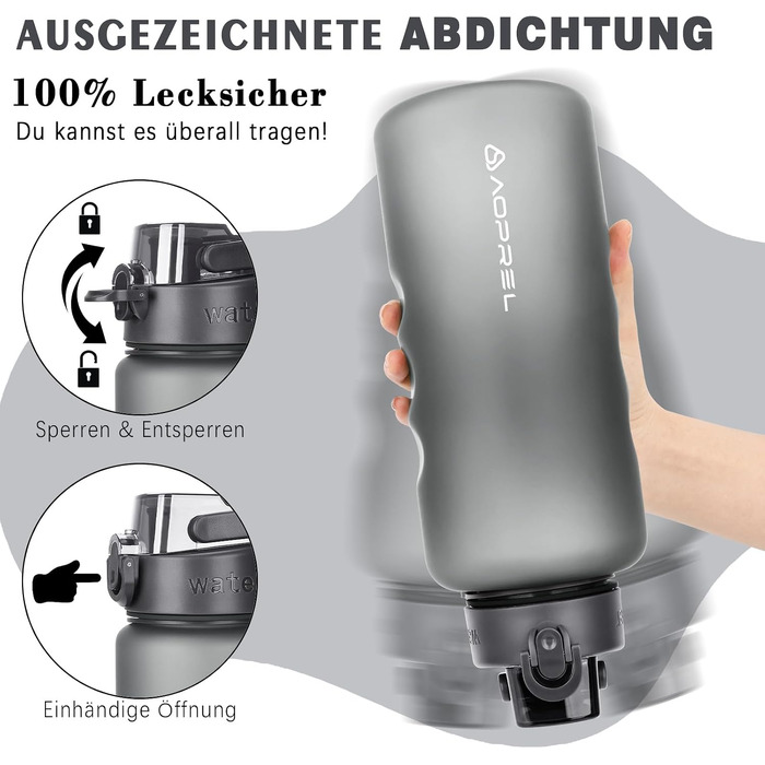 Спортивна пляшка для води AOPREL 1.5л з фільтром, Tritan BPA-free, герметична пляшка для фітнесу, походів та офісу (Сіра)