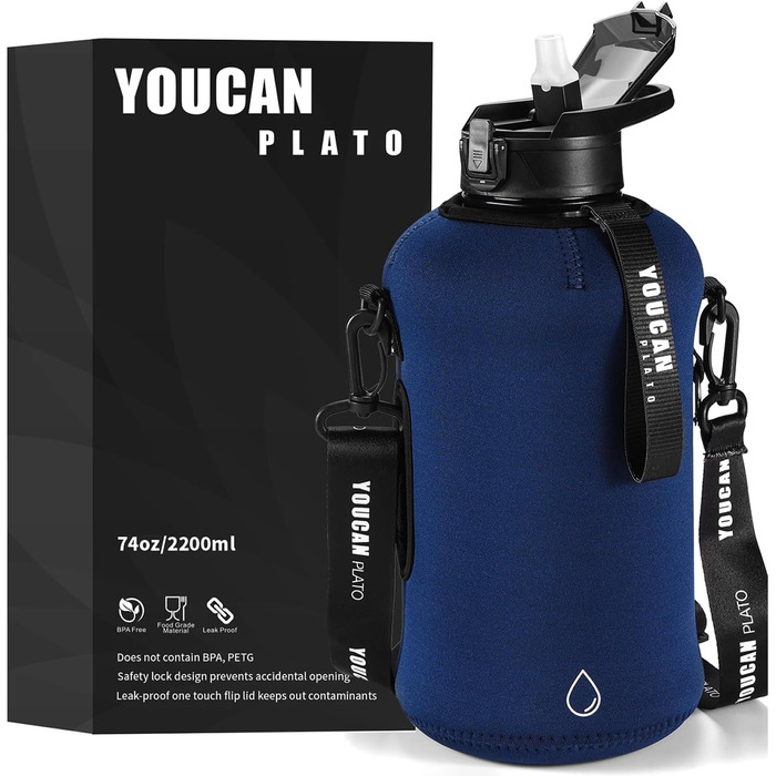 Youcan Plato пляшка для води 2 л з трубочкою і чохлом, спортивна пляшка для води 2 літри, фітнес-глечик, BPA Free, підходить для газованої води, темно-синя