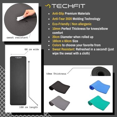Йога мат TechFit: неслизька, товста (10 мм), для фітнесу, пілатесу, кемпінгу, чорна
