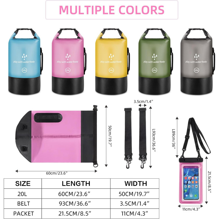 Водонепроникний сухий мішок GES 20 л Roll-Top з кишенею для телефону - для каякінгу, човнів, походів, рафтингу, плавання, кемпінгу та риболовлі (Рожевий)