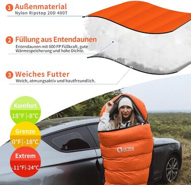 Сплячий мішок пуховий, зимовий, 600FP+, 12°C до -24°C, легкий та теплий, для 3-4 сезонів, кемпінг, трекінг, походи, оранжевий