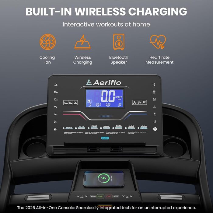 Бігова доріжка Aeriflo T500 Pro для дому: електрична, з нахилом 20%, швидкості до 20 км/год, ширина 51 см, складна, з App та бездротовою зарядкою, до 150 кг
