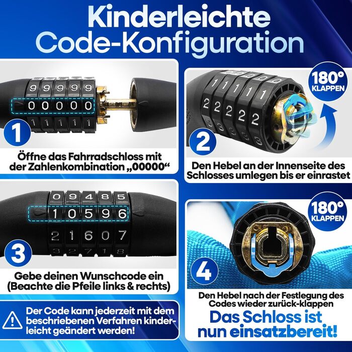 NEXTCOVER® Замки для велосипедів LockPro з кодовим замком - Оригінал - [SAFESECURE] Висока безпека | 5-значний код, сталевий замок для велосипеда, замок для електровелосипеда, ланцюговий замок, синій