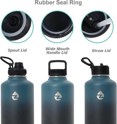 Термос-пляшка 2L з нержавіючої сталі з трубочками та 3 кришками, термос-пляшка з паракордом, термокана 2 літри з щіткою для миття, для фітнесу (Синій+Чорний)