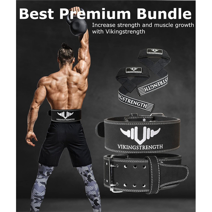 Преміум шкіряний пояс для важкої атлетики Vikingstrength з тяговими лямками, для чоловіків і жінок, для присідань, пауерліфтингу, кросфіту, станової тяги, розмір M-4XL, з додатком V-Strength