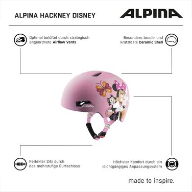 Дитячий велошолом ALPINA Hackney Minnie Mouse (51-56 см) - Легкий, міцний, з регулюванням вентиляції та світлодіодом
