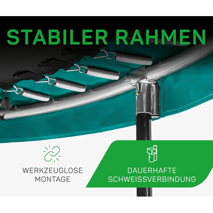 Трамплін Salta Comfort Edition (різні діаметри) – ⌀183/213/251/305/366/396/427cm – Сертифікований TÜV – Кольори: зелений/рожевий – Круглий, для вулиці, з комплектом: мат, сітка, пружини, захисний бордюр