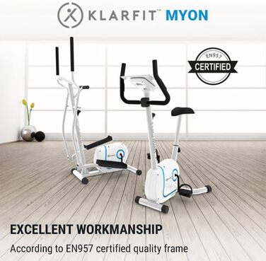 Велотренажер KLAR FIT Myon Cycle з маховиком 12 кг, ремінний привід SilentBelt, 8 рівнів навантаження, вимірювач пульсу, регульована висота сидіння, підставка для планшета, білий