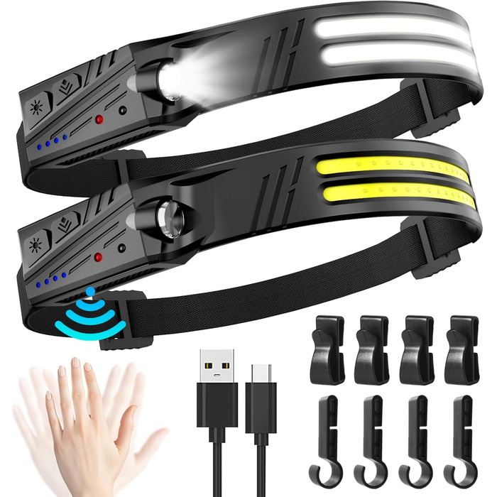 LED налобний ліхтар, 2 шт. 2000 люменів, перезарядна козячка з датчиком, IPX5, 1500mAh, для кемпінгу, бігу, походів