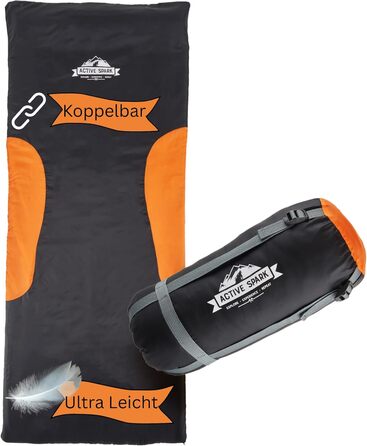 Спальний мішок ACTIVE SPARK Winter - Summer, водовідштовхуючий та дихаючий, з кишенею для грілки, для кемпінгу та гірських походів (Чорний / Оранжевий)