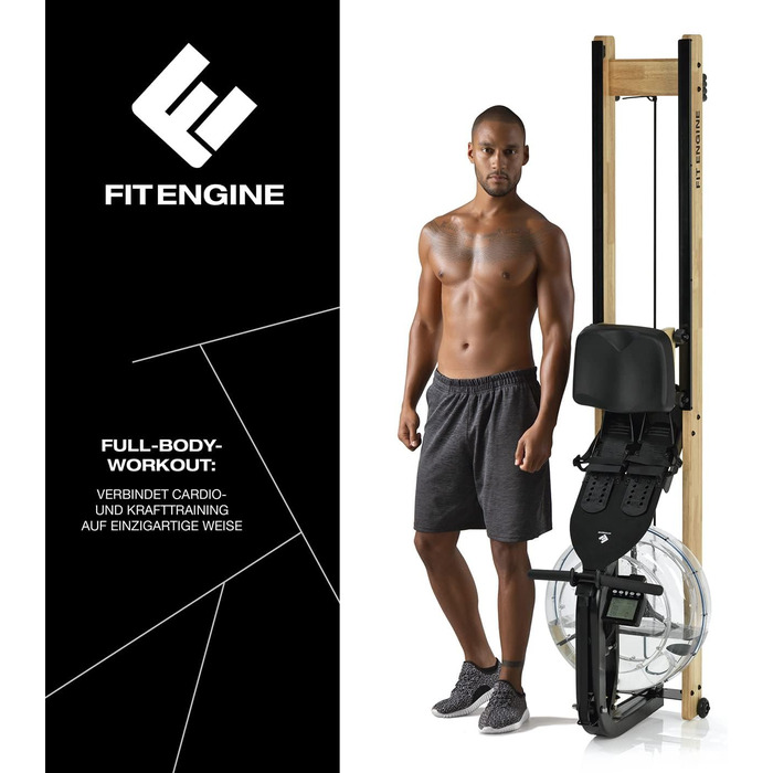 Водний гребний тренажер FitEngine з додатком Kinomap, натуральне дерево, LCD-дисплей, ергономічне сидіння, тримач для планшета/смартфона