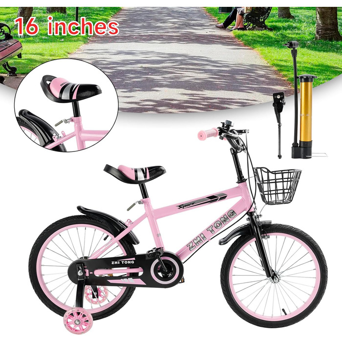 Дитяче велосипед 16 дюймів, регульоване сідло та кермо, рама з вуглецевої сталі, подвійні гальма, ударостійкі колеса, магнітні блискучі колеса, знімні додаткові колеса, для хлопчиків