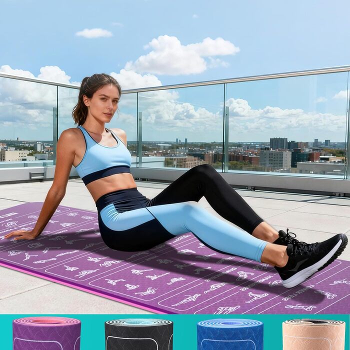 Килимок для йоги Sportmatte – 70 з друкованими позами йоги, неслизький матеріал TPE, для гімнастики, пілатесу, дому та подорожей, фітнес килимок для жінок та чоловіків, 181x63x0,6 см, рожевий та фіолетовий
