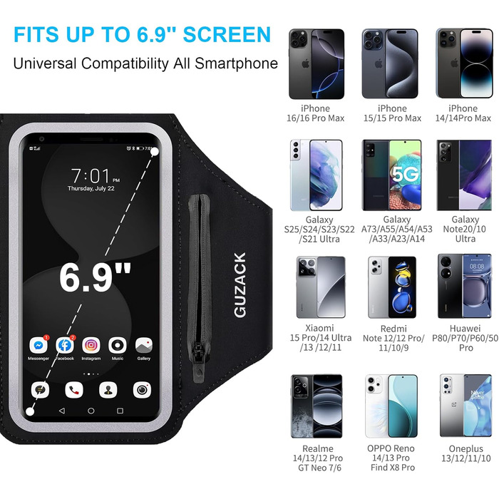 Спортивний браслет для телефону Universal, фіксатор для бігу з навушниками, кишеня для iPhone 16 Pro Max/15 Pro/14 Pro/13/12/11, чорний, на блискавці