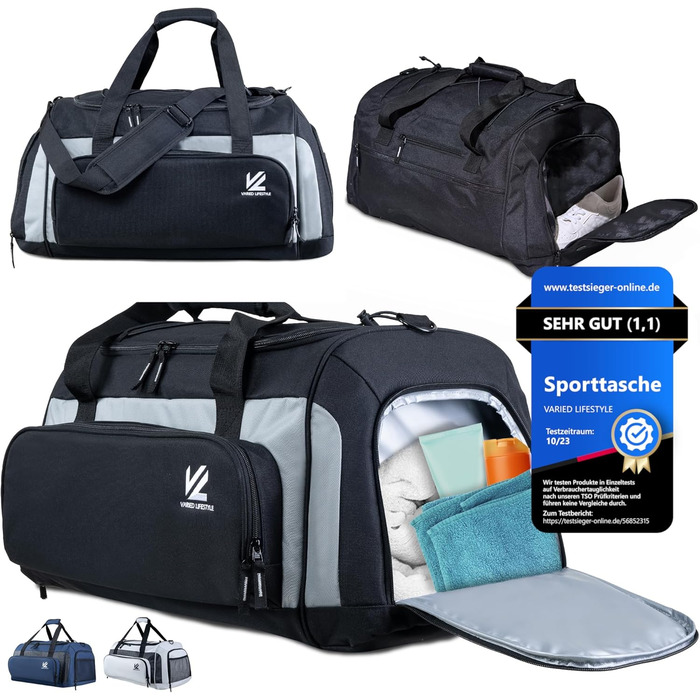 Спортивна сумка VL® з відділенням для взуття, мокрою одежі, ізольованим кульковим відділенням, сауною та туристичною сумкою для жінок та чоловіків. 50 л, чорно-сірий/чорно-срібний