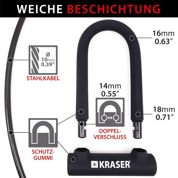 Замок для велосипеда KRASER KR65145B: U-lock + сталевий трос 120см + кріплення. Висока безпека