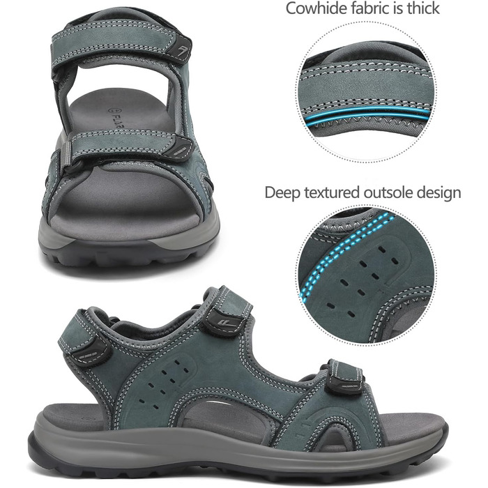 Чоловічі сандалі FLARUT для туризму та відпочинку на природі. Легкі сандалі з натуральної шкіри, сірого кольору, розмір 39 EU. Ідеальні для піших прогулянок, пляжу та активного відпочинку.