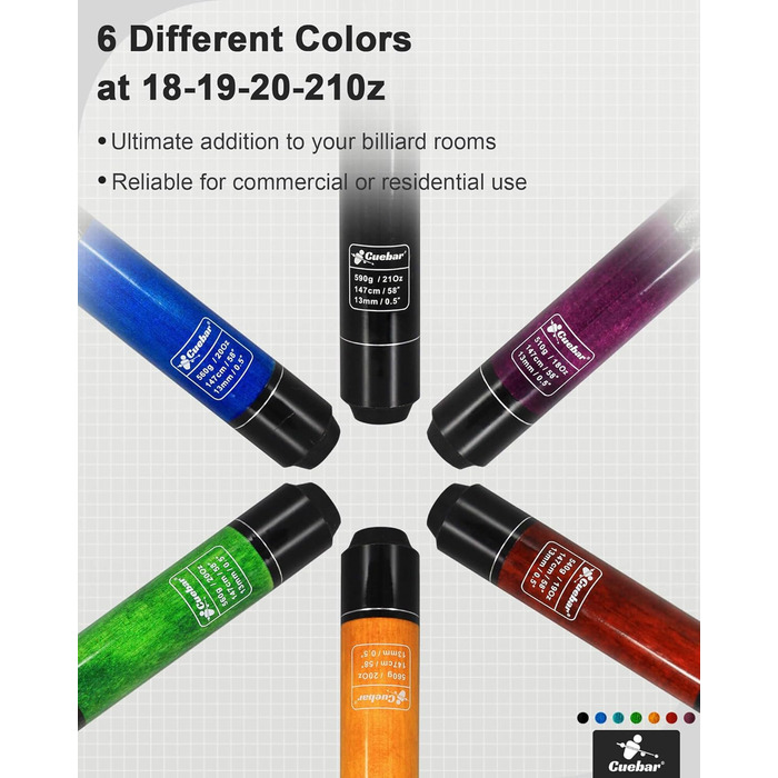 Набір київ для більярду CUEBAR 6 шт., киї 45,7 см, 50,8 см, 595,3 г. Киї для більярду з 3D-рукояткою, 147,3 см для чоловіків та жінок. Кольори: фіолетовий, червоний, зелений, блакитно-зелений, синій, чорний
