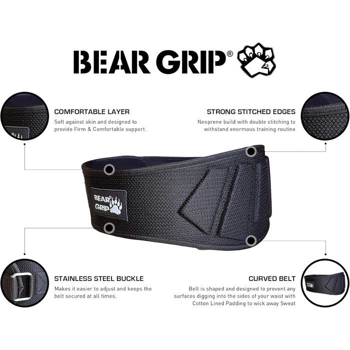Пояс для важкої атлетики BEAR GRIP, неопреновий, анатомічний, для підтримки спини та попереку, для фітнесу та бодібілдингу, чорний, розмір XS