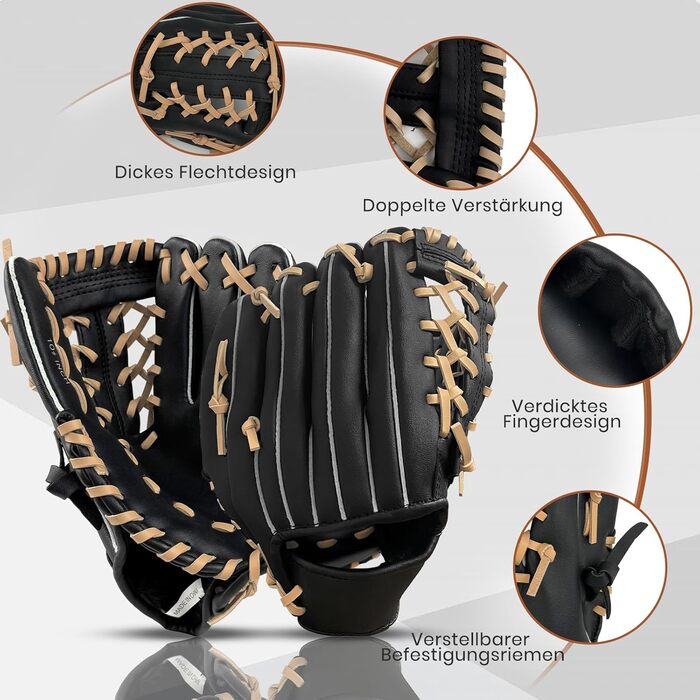 Рукавиця для бейсболу та софтболу з м'ячем, дитяча та доросла, з потовщеним матеріалом, для тренувань та змагань (Чорно-коричнева, 11.5 дюймів)