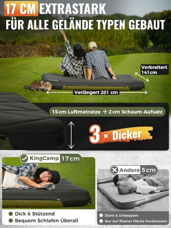 KingCamp килимок для кемпінгу 10см з Memory Foam R4.9, 4-сезонний надувний килимок, швидко надувається (90 сек), для подорожей, автокемпінгу (подвійний, зелений)