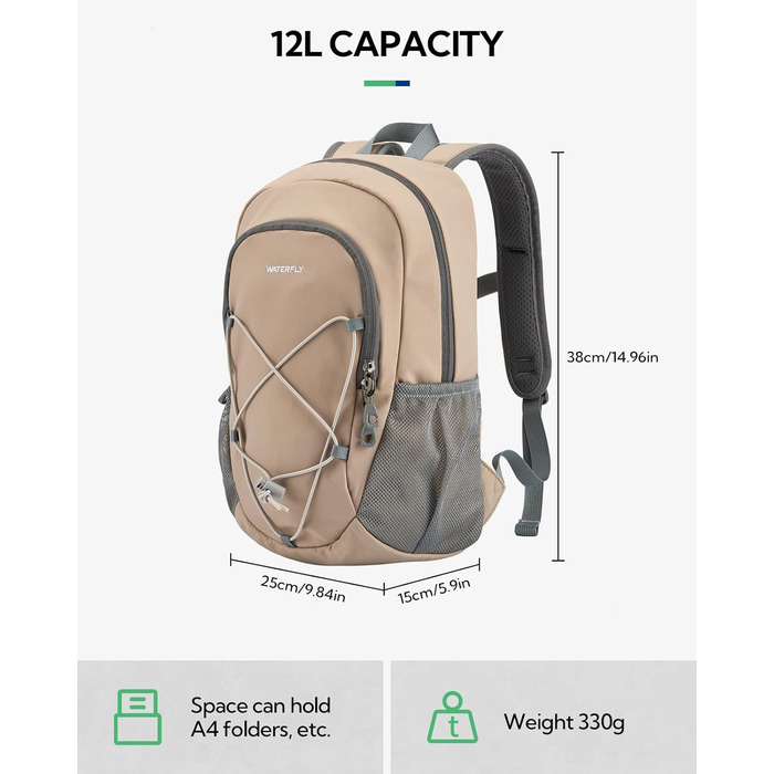 WATERFLY Рюкзак для туризму 12 л – легкий міський спортивний рюкзак для походів, подорожей, кемпінгу, велоспорту, знімна нагрудна пряжка, унісекс