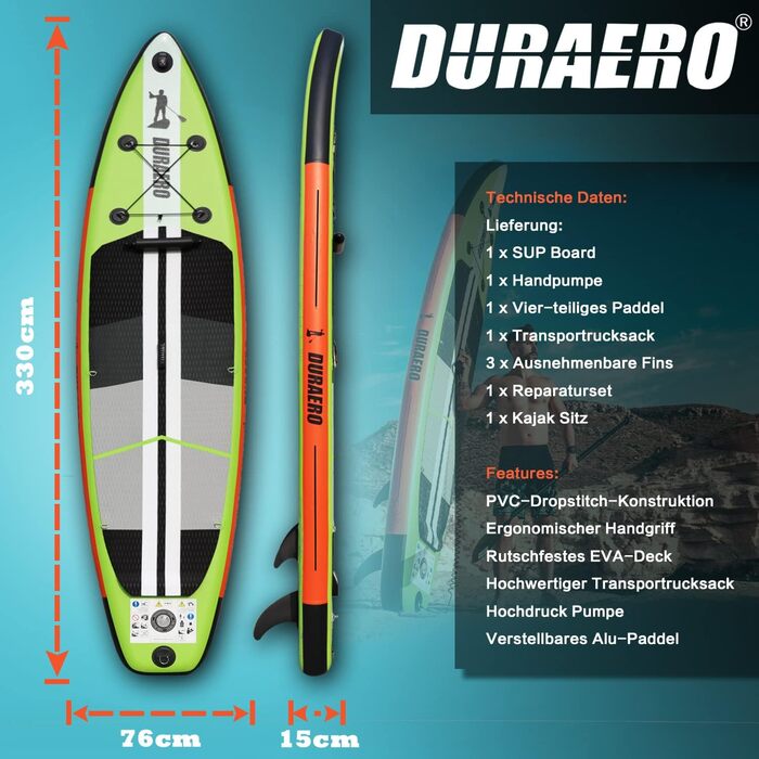 Надувна SUP-дошка 330x76x15 см до 150 кг із сидінням для каяка, тримачем для камери, повний комплект аксесуарів, насос, рюкзак, зелена