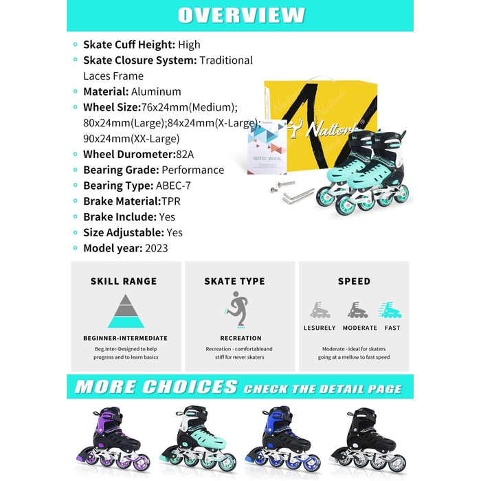 Роликові ковзани Nattork для дітей та дорослих, 4 розміри, регульовані, турквіс, X-Large (EU 37-40/240-260)