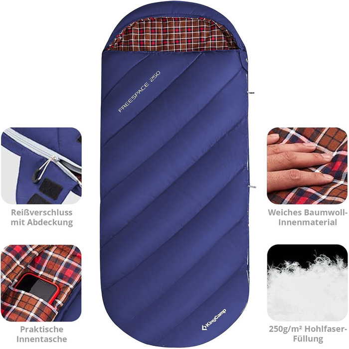 Сплячий мішок KingCamp Freespace 250 Winter -8°C, широкий, з бавовни, блакитний