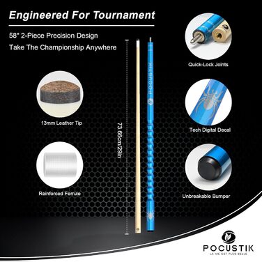 Більярдний кий Billardqueue, 147.3 см, 2-секційний з канадського клена з ергономічною ручкою та наконечником 13 мм. Професійний кий для більярдного столу в 6 кольорах та 4 вагах (510 - 595 г). Підходить для домашньої більярдного столу, 21oz синій.