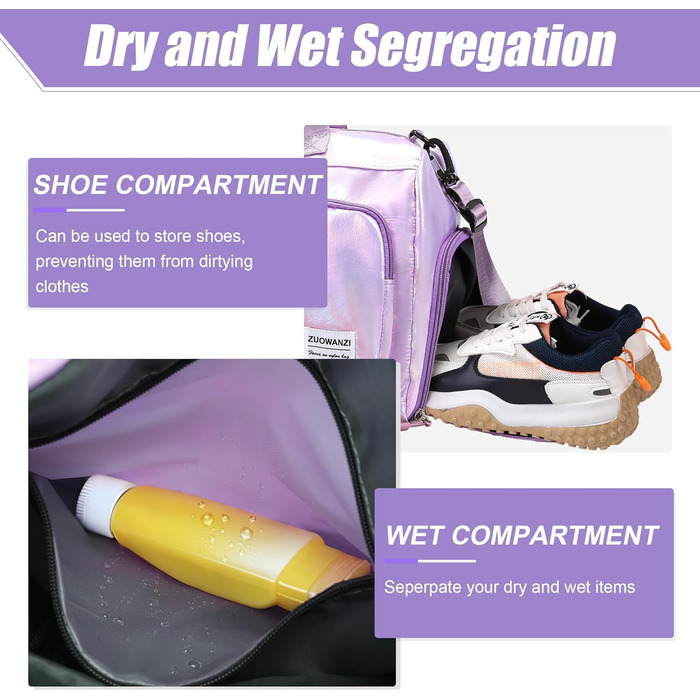 Спортивна сумка Tokeya для жінок з відділенням для взуття та мокрою одежі, водонепроникна, з блискітками, легка, складна, для занять спортом, фітнесом, тренувань, подорожей (фіолетова)