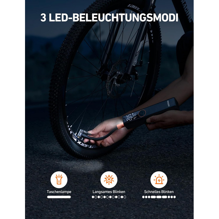 AstroAI Електрична велосипедна помпа, 150 PSI, портативна, акумуляторна, універсальна, для всіх типів велосипедів, з високопродукним мотором, перезаряджається, для міських, шосейних та гірських велосипедів, помаранчевого кольору