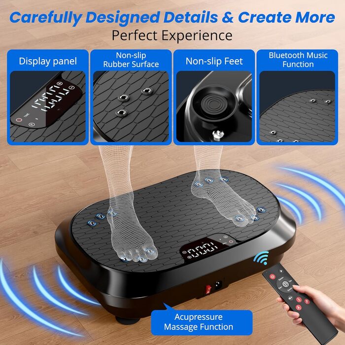 Вібраційна платформа для тренувань з Bluetooth-динаміками – 120 рівнів інтенсивності, для фітнесу вдома, лімфодренажу та формування тіла, чорна