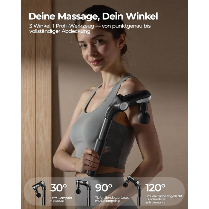 Масажер для тіла KingPavonini з висувним руків'ям та складним голівкою, масажна пістолета для спини з 3 регульованими кутами та 4 насадками, масажер - подарунок для чоловіків та жінок, чорний