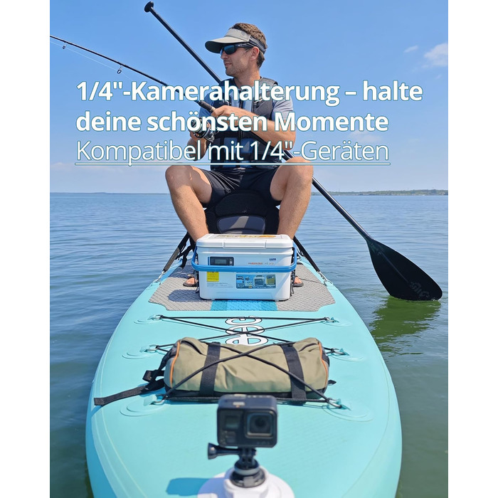 SUP дошка Premium Allround для початківців та досвідчених, з сидінням, до 200 кг, 320x81x15 см, м'ятно-бірюзово-біла + тримач для камери
