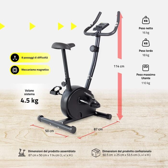 Велотренажер TechFit B250 магнітний, кардіо, домашній тренажер з регульованим сідлом, пульсометром та LCD-дисплеєм