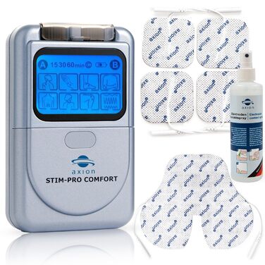 Пристрій TENS Axion STIM-PRO Comfort для терапії болю - 4 електродні накладки 5x5 см | Апарат електростимуляції для зняття болю при артрозі, артриті, болях у шиї, спині, суглобах | Сертифікований медичний продукт