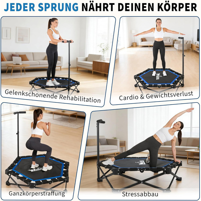 Складаний фітнес-батут для дому з регульованою ручкою, Ø 86.5 см, навантаження до 150 кг, синій — для дорослих та дітей