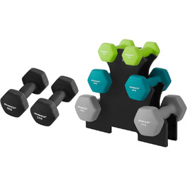 Гантелі SONGMICS набір 2 x 5 кг, з підставкою, 2 x 1 кг, 2 x 2 кг, 2 x 3 кг, для силових тренувань вдома, в офісі чи спортзалі, чорні, лаймові, бірюзові, світло-сірі